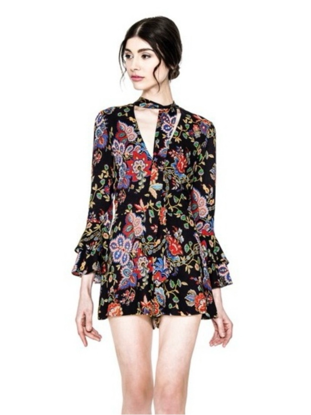 Alice + Olivia Navy Floral Tie-Neck Long Sleeve Dress with Red & Blue Flowers